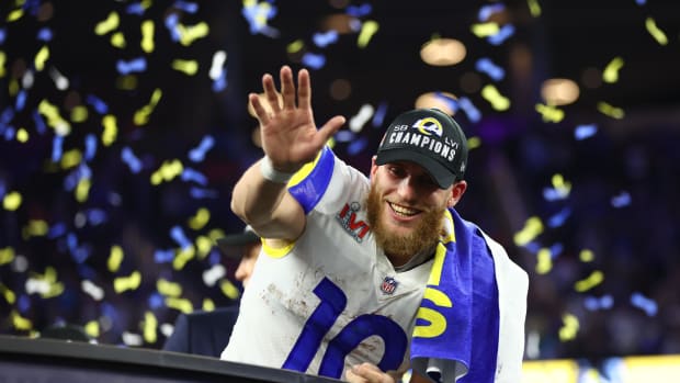 Los Angeles Rams wide receiver Cooper Kupp (10) celebrates after defeating the Cincinnati Bengals in Super Bowl LVI at SoFi Stadium Feb. 13, 2022.